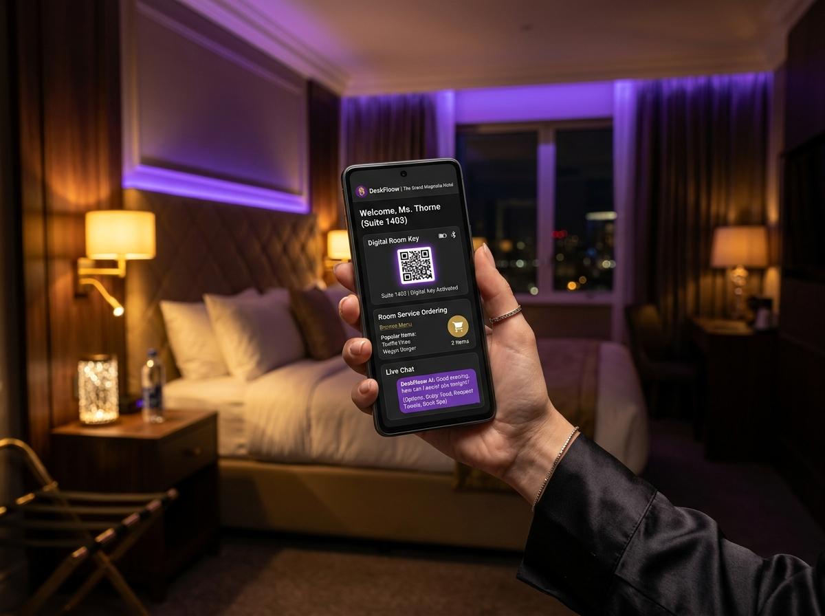 Guest using contactless mobile concierge in serviced suite