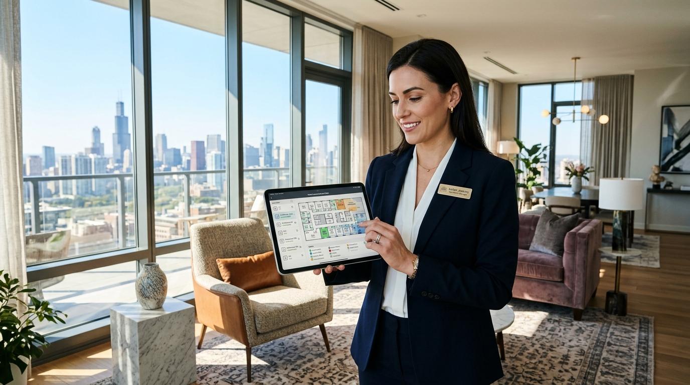 Operations manager reviewing multi-property floor plans