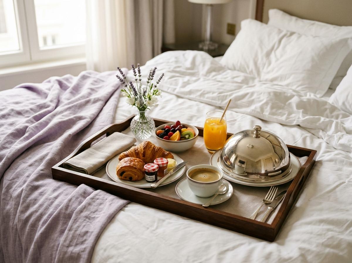 Room-service breakfast tray on a hotel bed